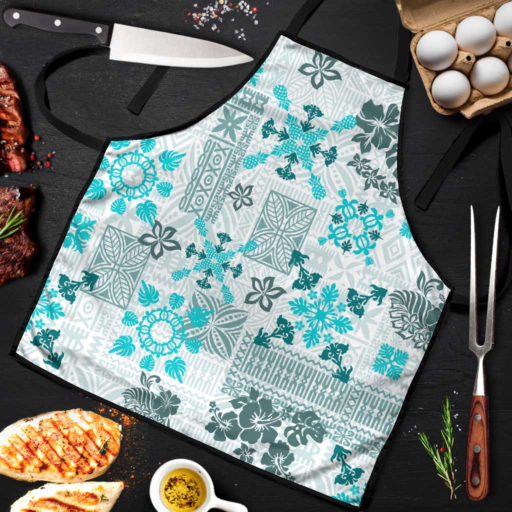 Hawaii Tapa Tribal Apron With Hawaiian Quilt Pattern Aqua - Polynesian Pride