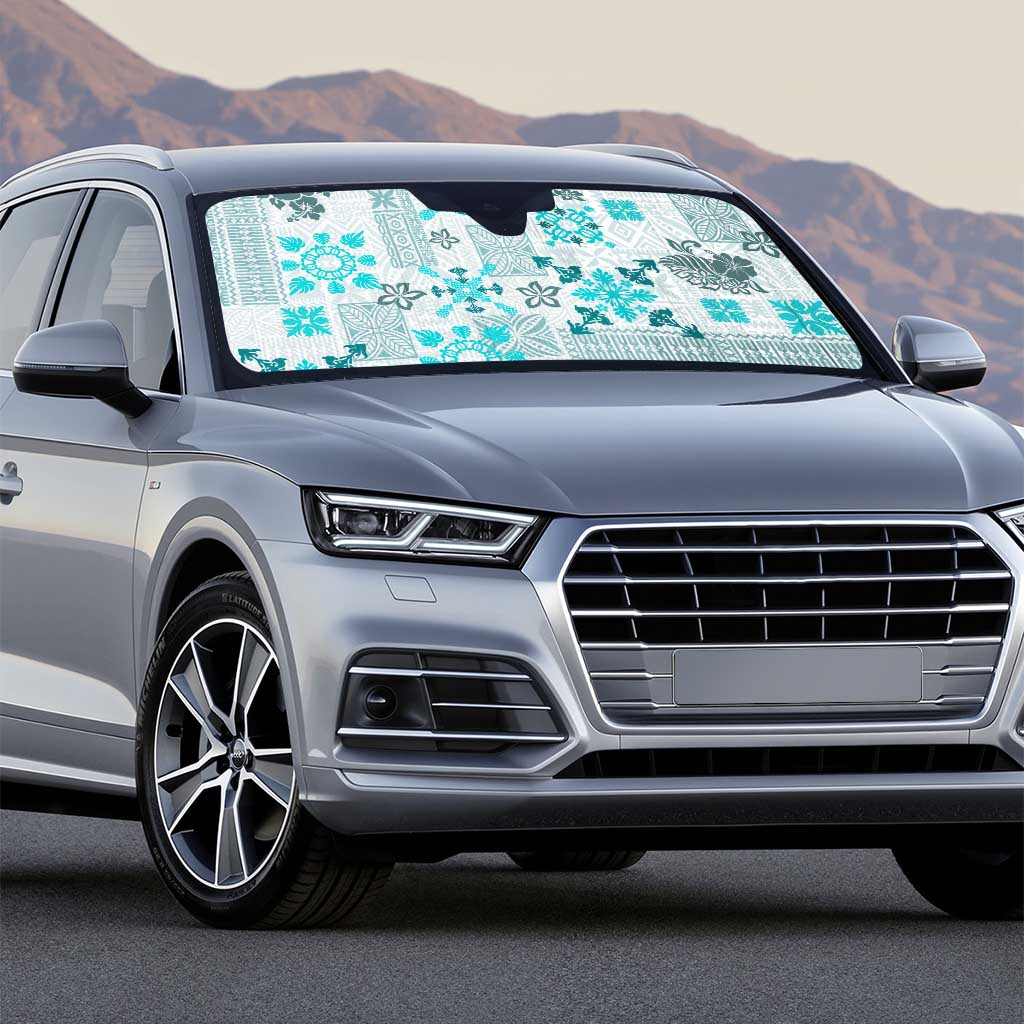 Hawaii Tapa Tribal Auto Sun Shade With Hawaiian Quilt Pattern Aqua - Polynesian Pride