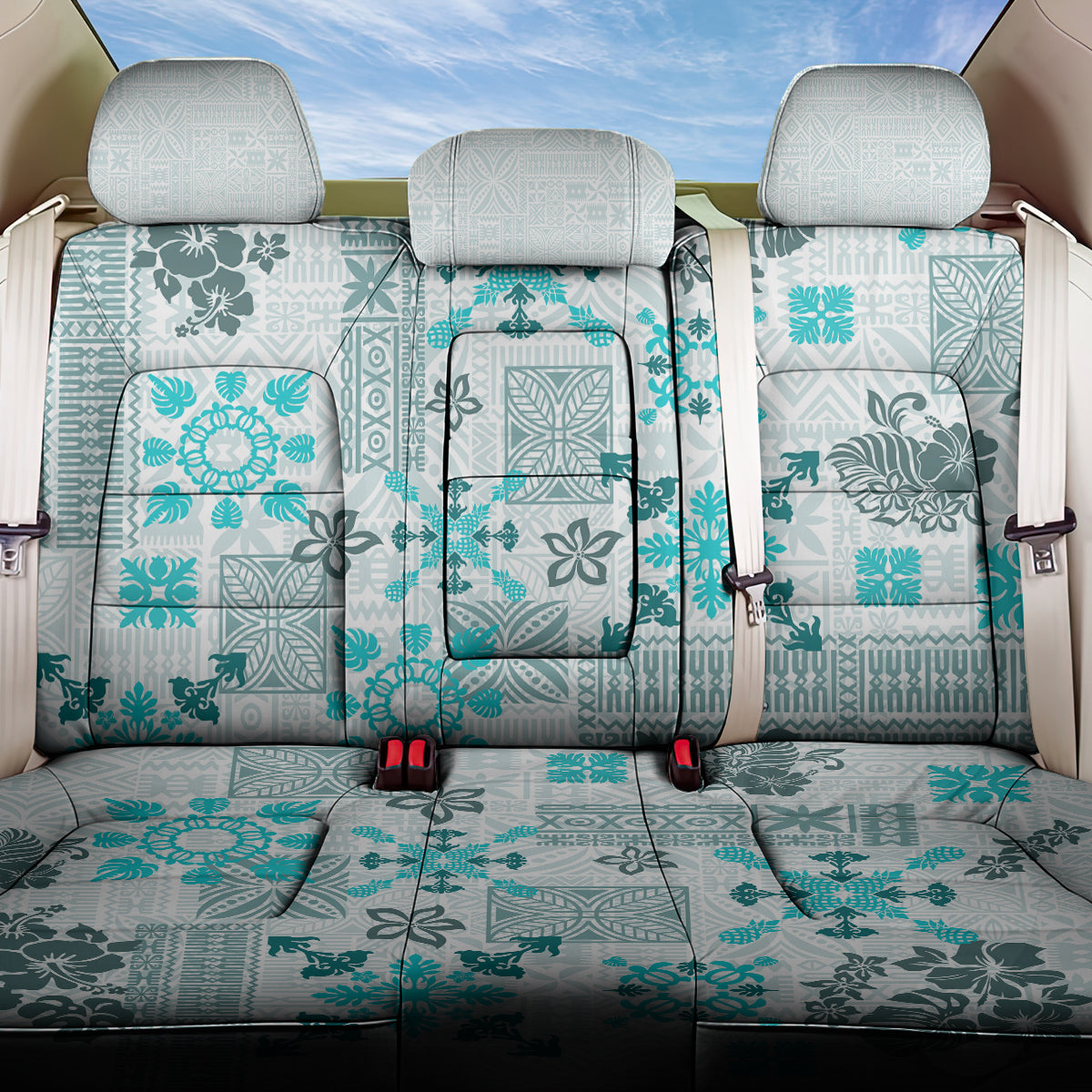 Hawaii Tapa Tribal Back Car Seat Cover With Hawaiian Quilt Pattern Aqua