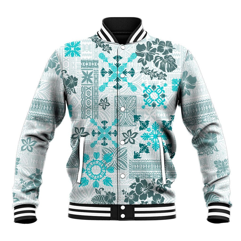 Hawaii Tapa Tribal Baseball Jacket With Hawaiian Quilt Pattern Aqua LT9 Unisex Aqua - Polynesian Pride