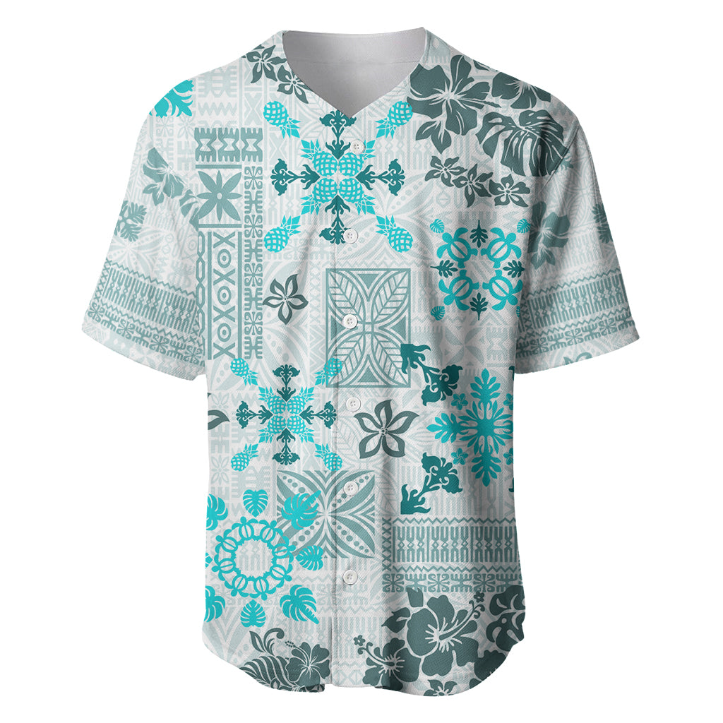 Hawaii Tapa Tribal Baseball Jersey With Hawaiian Quilt Pattern Aqua LT9 Aqua - Polynesian Pride