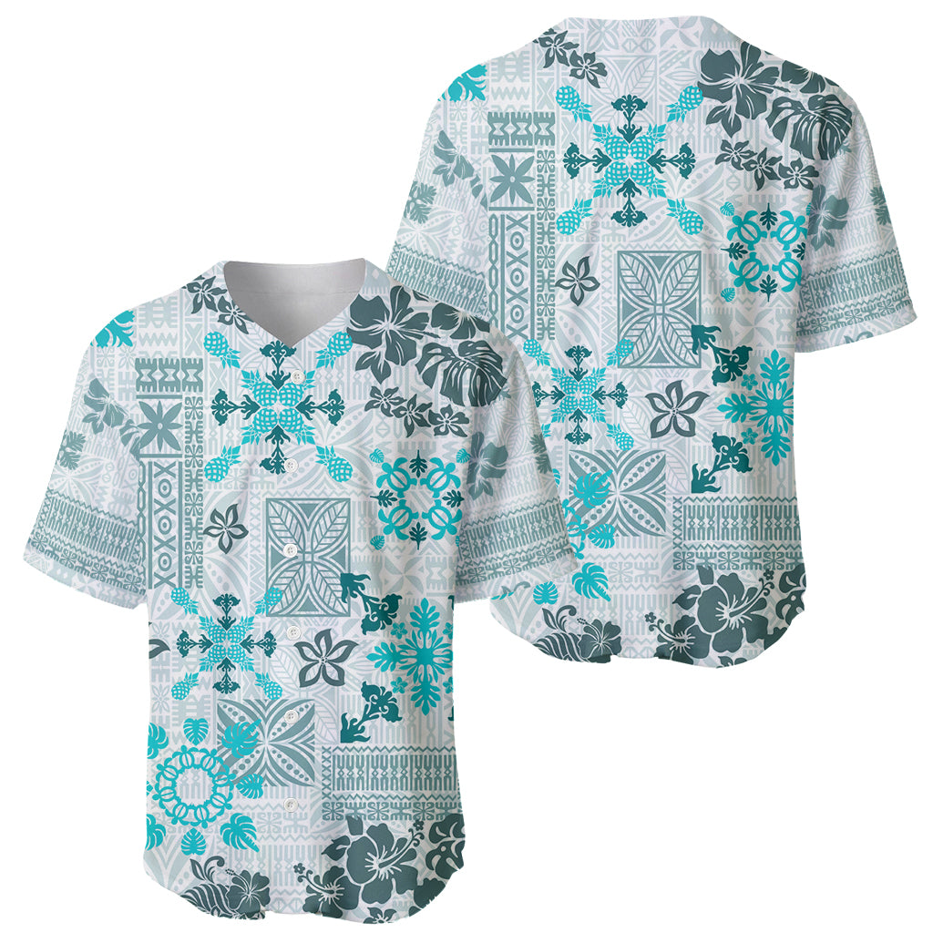 Hawaii Tapa Tribal Baseball Jersey With Hawaiian Quilt Pattern Aqua LT9 - Polynesian Pride