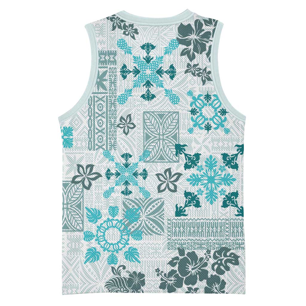 Hawaii Tapa Tribal Basketball Jersey With Hawaiian Quilt Pattern Aqua - Polynesian Pride