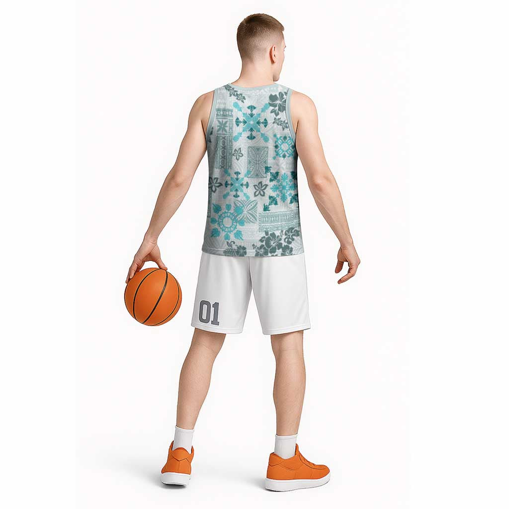 Hawaii Tapa Tribal Basketball Jersey With Hawaiian Quilt Pattern Aqua - Polynesian Pride