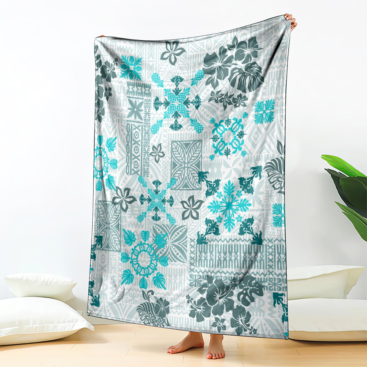 Hawaii Tapa Tribal Blanket With Hawaiian Quilt Pattern Aqua LT9 Aqua - Polynesian Pride