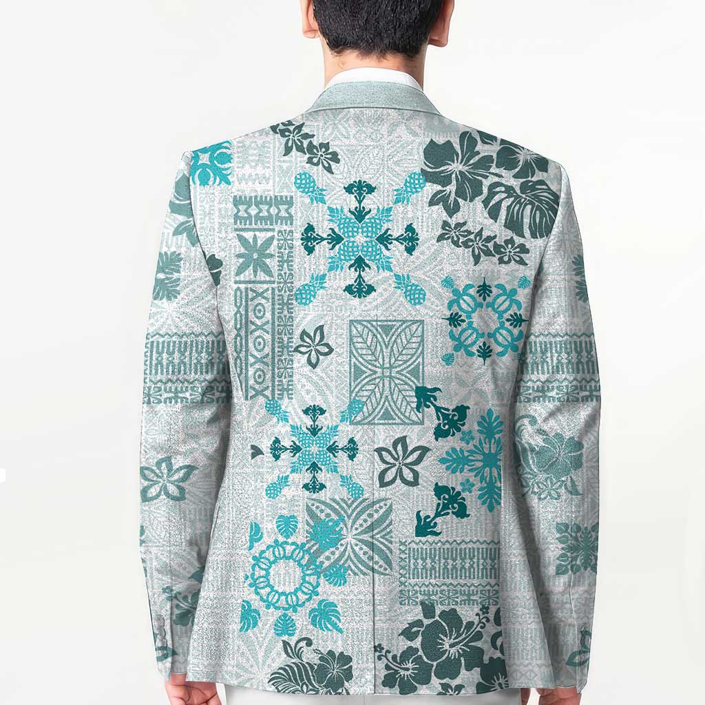 Hawaii Tapa Tribal Blazer With Hawaiian Quilt Pattern Aqua - Polynesian Pride