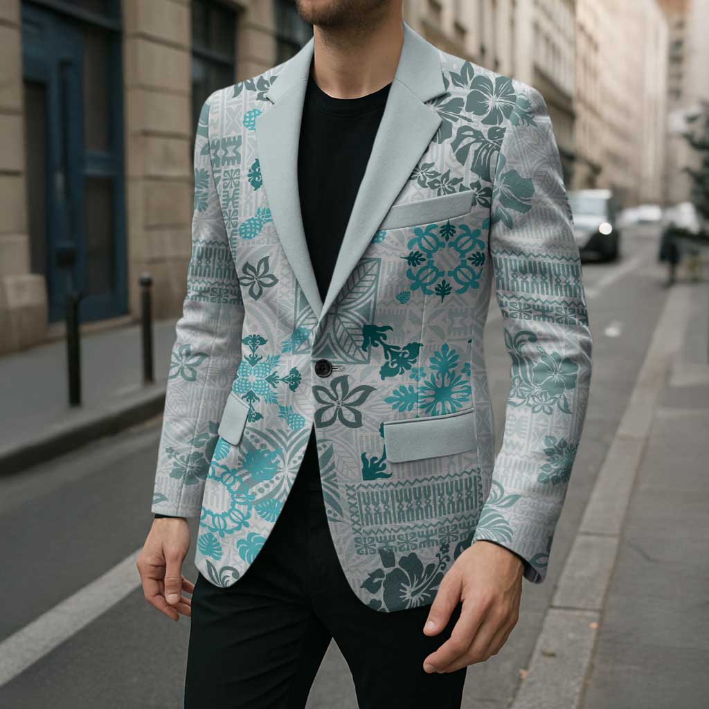 Hawaii Tapa Tribal Blazer With Hawaiian Quilt Pattern Aqua - Polynesian Pride