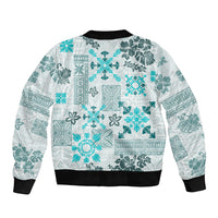 Hawaii Tapa Tribal Bomber Jacket With Hawaiian Quilt Pattern Aqua LT9 - Polynesian Pride