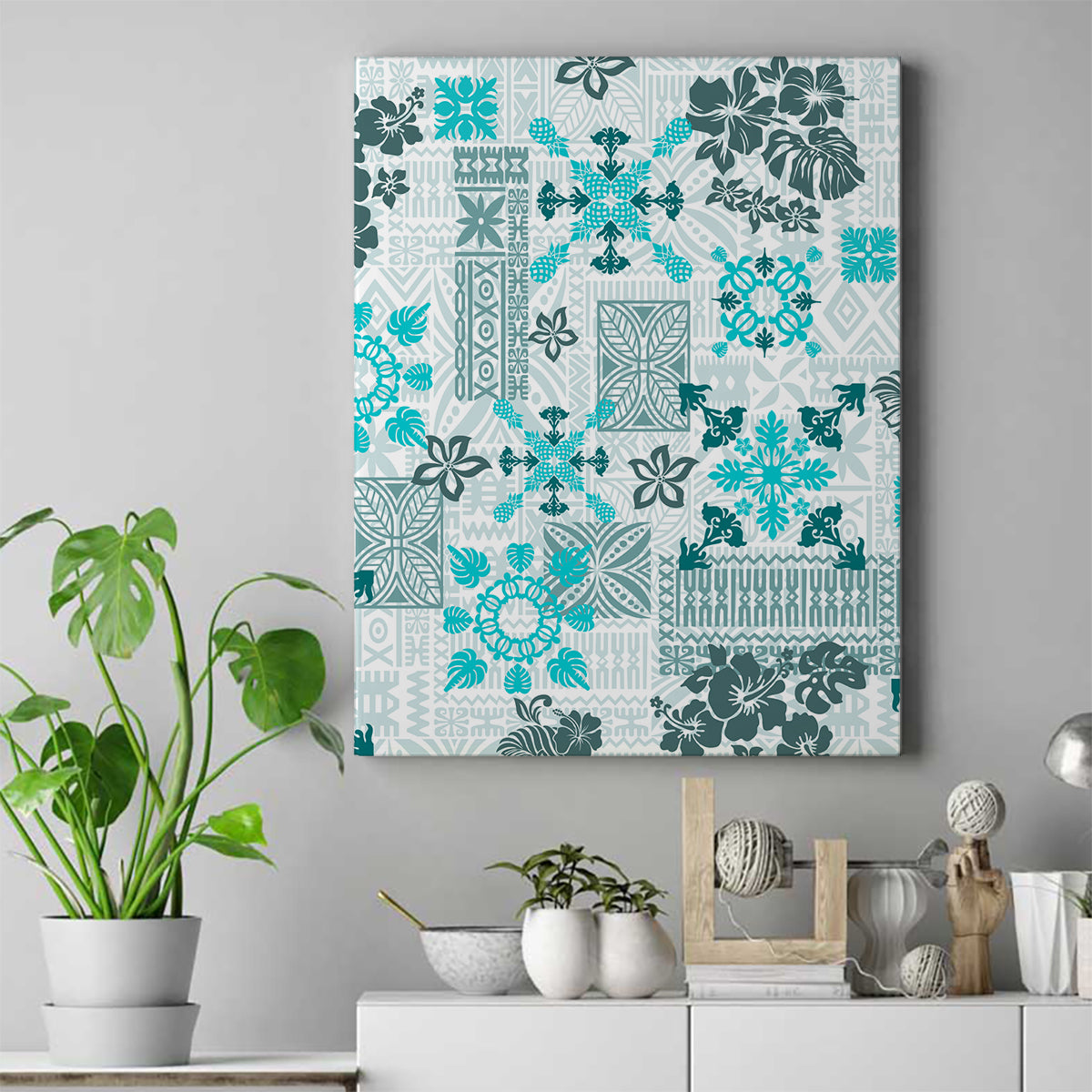 Hawaii Tapa Tribal Canvas Wall Art With Hawaiian Quilt Pattern Aqua LT9 Aqua - Polynesian Pride