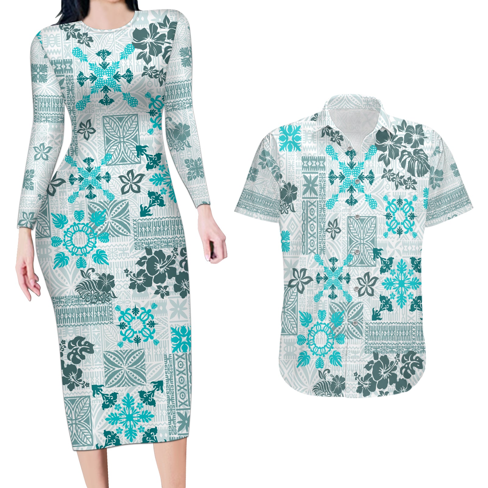 Hawaii Tapa Tribal Couples Matching Long Sleeve Bodycon Dress and Hawaiian Shirt With Hawaiian Quilt Pattern Aqua LT9 Aqua - Polynesian Pride