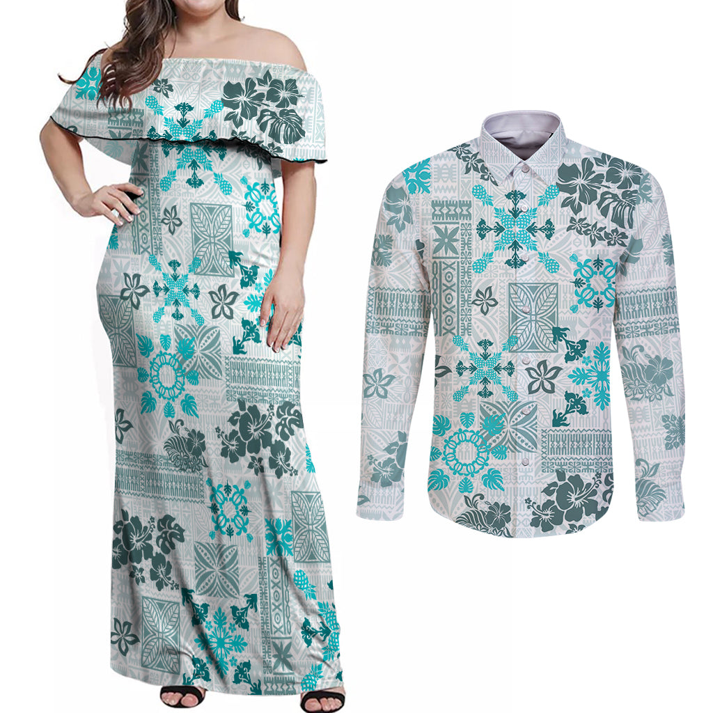 Hawaii Tapa Tribal Couples Matching Off Shoulder Maxi Dress and Long Sleeve Button Shirt With Hawaiian Quilt Pattern Aqua LT9 Aqua - Polynesian Pride