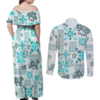 Hawaii Tapa Tribal Couples Matching Off Shoulder Maxi Dress and Long Sleeve Button Shirt With Hawaiian Quilt Pattern Aqua LT9 - Polynesian Pride