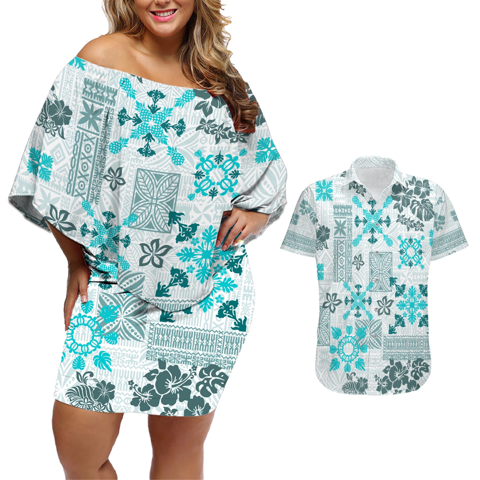 Hawaii Tapa Tribal Couples Matching Off Shoulder Short Dress and Hawaiian Shirt With Hawaiian Quilt Pattern Aqua LT9 Aqua - Polynesian Pride