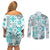 Hawaii Tapa Tribal Couples Matching Off Shoulder Short Dress and Long Sleeve Button Shirt With Hawaiian Quilt Pattern Aqua LT9 - Polynesian Pride