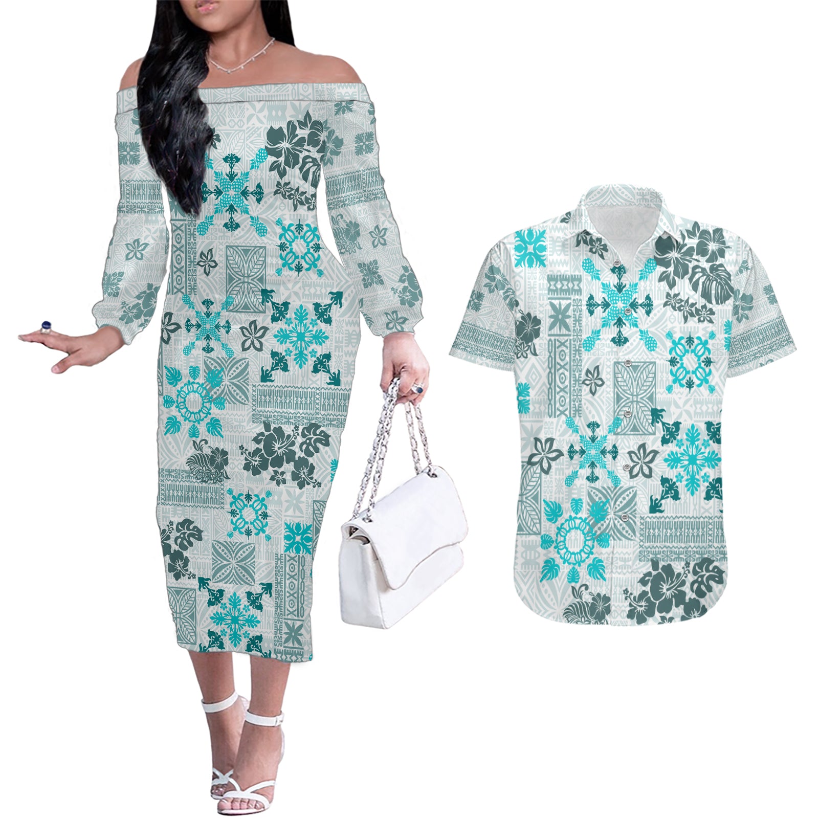 Hawaii Tapa Tribal Couples Matching Off The Shoulder Long Sleeve Dress and Hawaiian Shirt With Hawaiian Quilt Pattern Aqua LT9 Aqua - Polynesian Pride