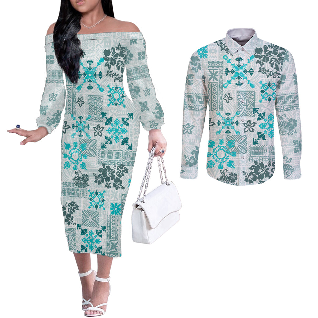 Hawaii Tapa Tribal Couples Matching Off The Shoulder Long Sleeve Dress and Long Sleeve Button Shirt With Hawaiian Quilt Pattern Aqua LT9 Aqua - Polynesian Pride