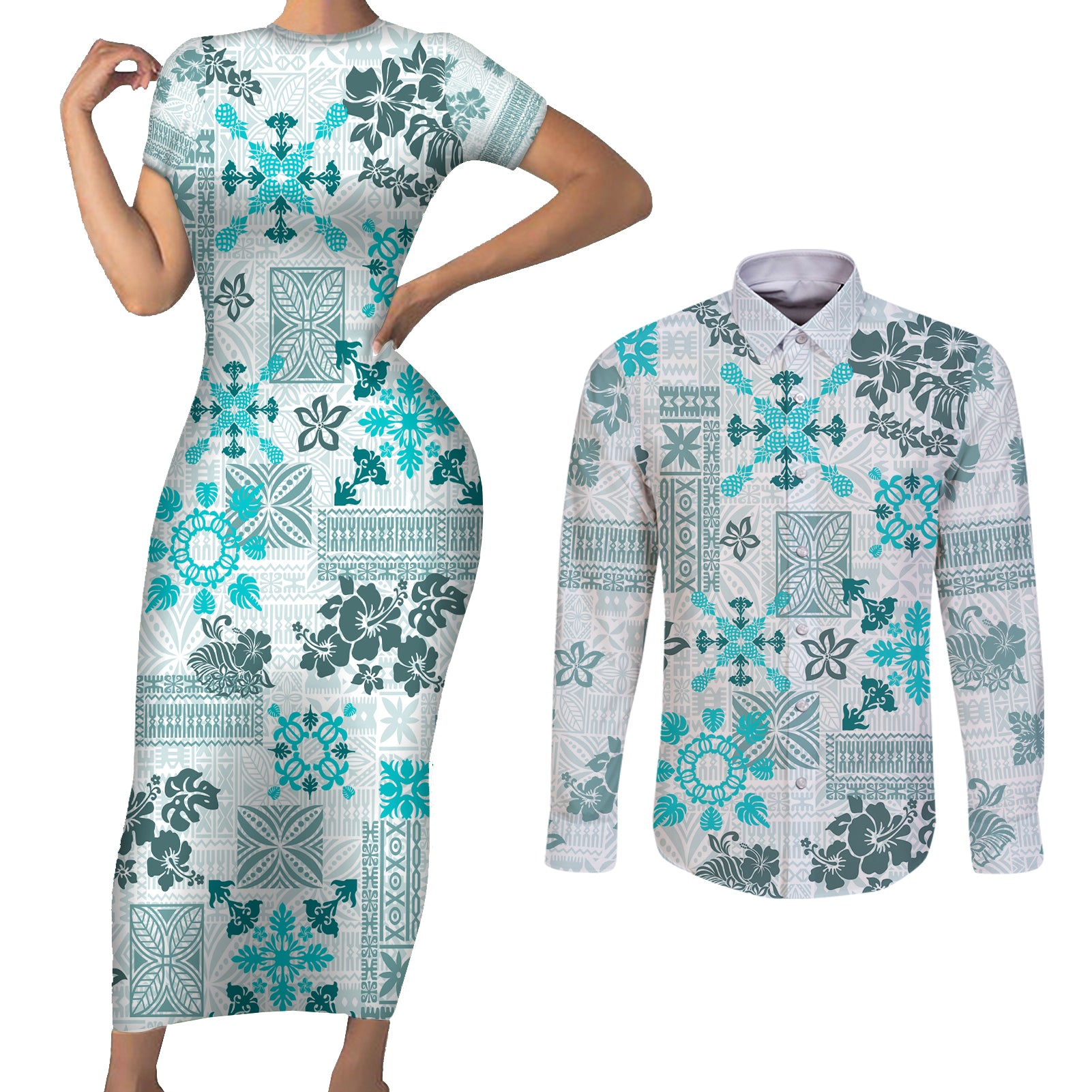 Hawaii Tapa Tribal Couples Matching Short Sleeve Bodycon Dress and Long Sleeve Button Shirt With Hawaiian Quilt Pattern Aqua LT9 Aqua - Polynesian Pride