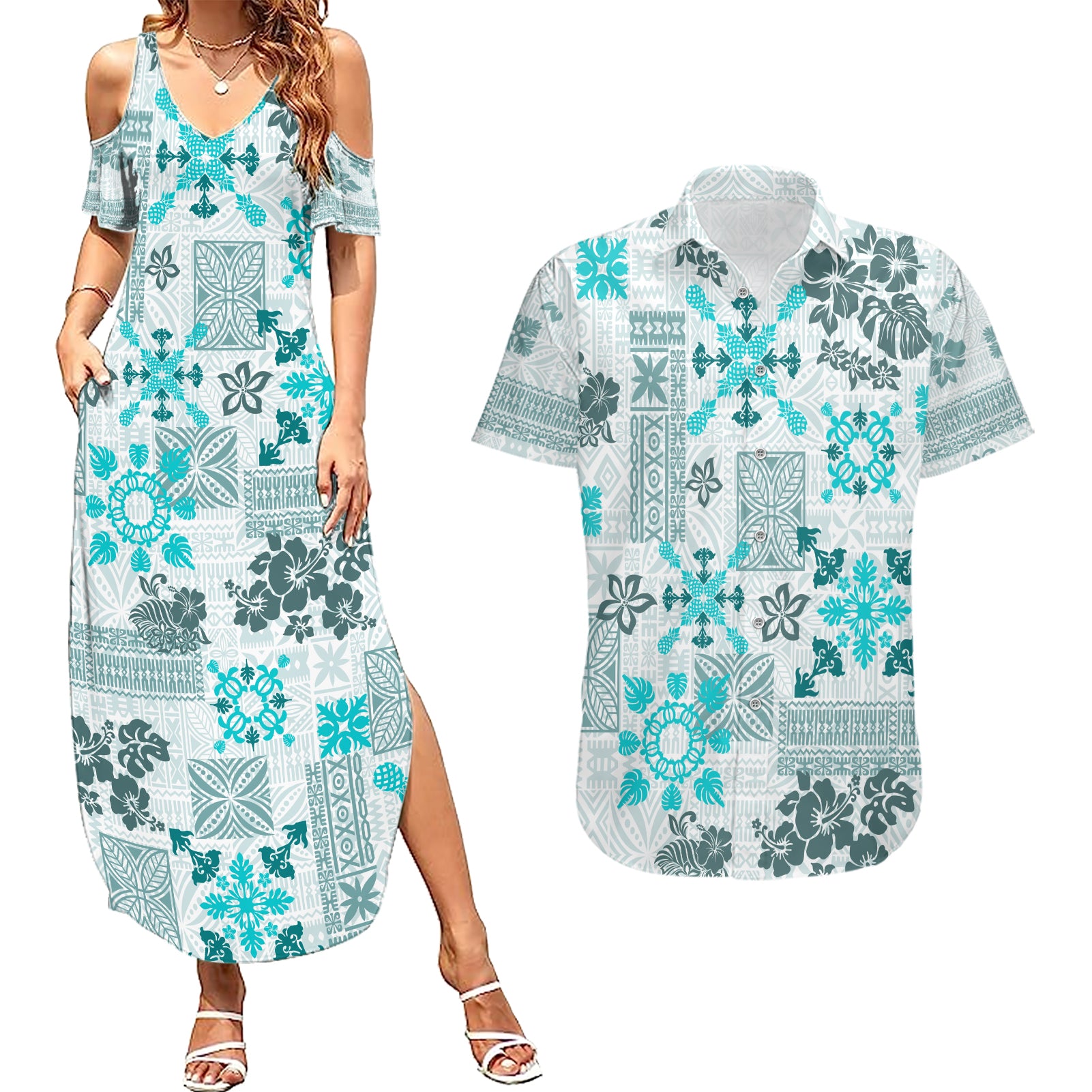 Hawaii Tapa Tribal Couples Matching Summer Maxi Dress and Hawaiian Shirt With Hawaiian Quilt Pattern Aqua LT9 Aqua - Polynesian Pride