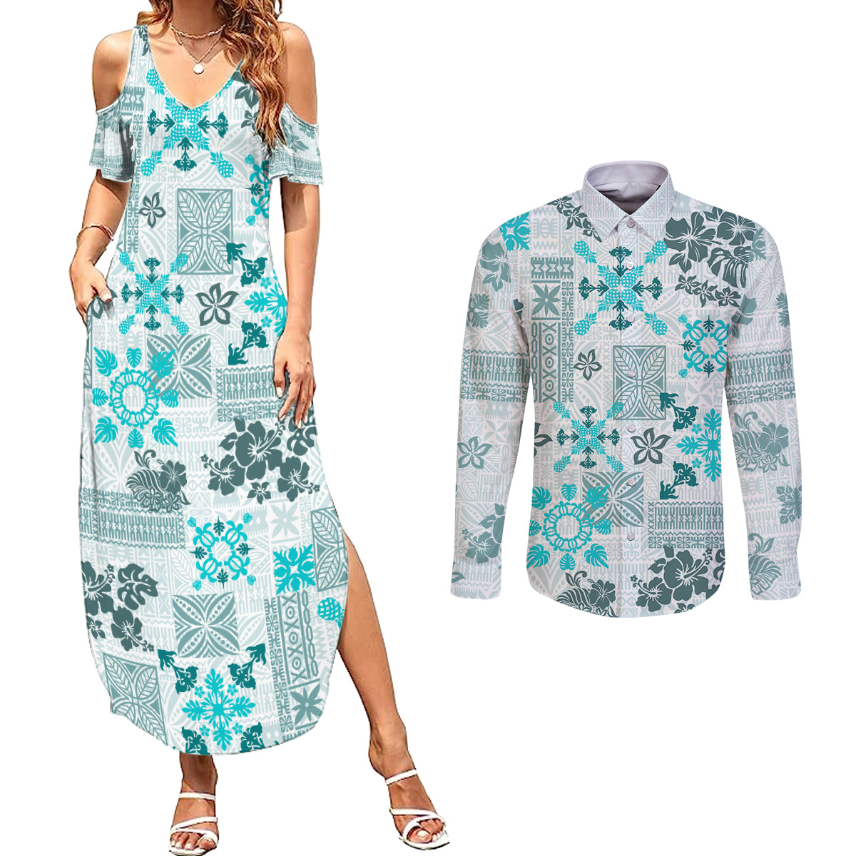 Hawaii Tapa Tribal Couples Matching Summer Maxi Dress and Long Sleeve Button Shirt With Hawaiian Quilt Pattern Aqua LT9 Aqua - Polynesian Pride