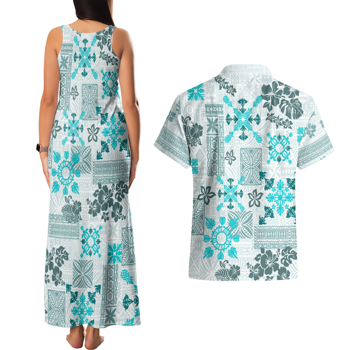 Hawaii Tapa Tribal Couples Matching Tank Maxi Dress and Hawaiian Shirt With Hawaiian Quilt Pattern Aqua LT9 - Polynesian Pride