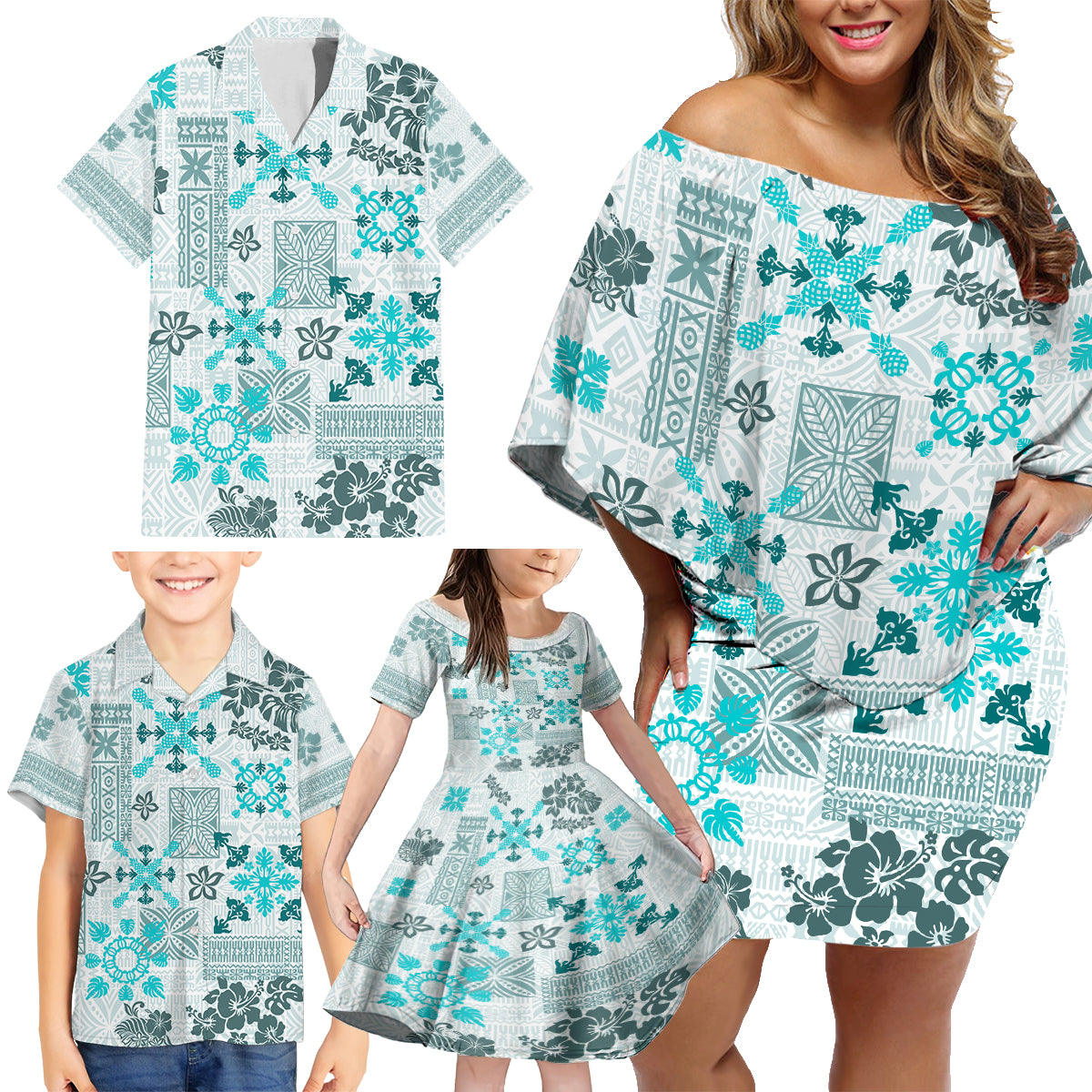 Hawaii Tapa Tribal Family Matching Off Shoulder Short Dress and Hawaiian Shirt With Hawaiian Quilt Pattern Aqua LT9 - Polynesian Pride