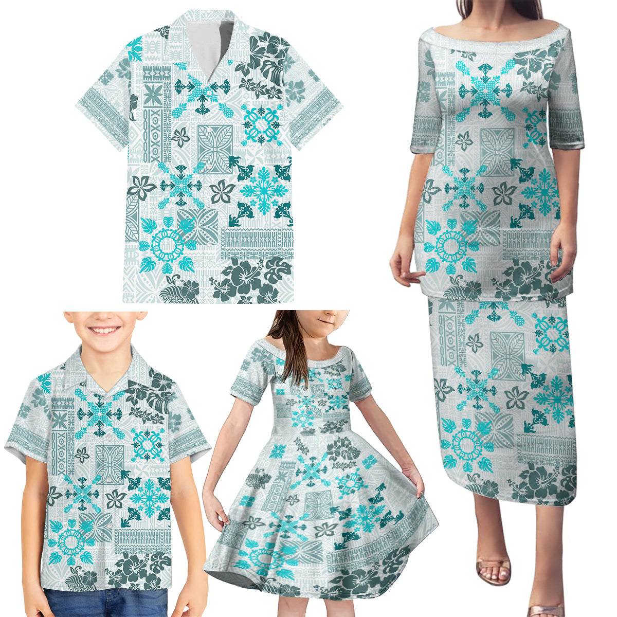 Hawaii Tapa Tribal Family Matching Puletasi Dress and Hawaiian Shirt With Hawaiian Quilt Pattern Aqua LT9 - Polynesian Pride