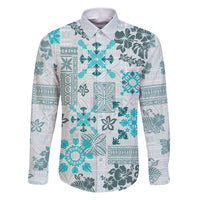 Hawaii Tapa Tribal Family Matching Puletasi Dress and Hawaiian Shirt With Hawaiian Quilt Pattern Aqua LT9 Dad's Shirt - Long Sleeve Aqua - Polynesian Pride