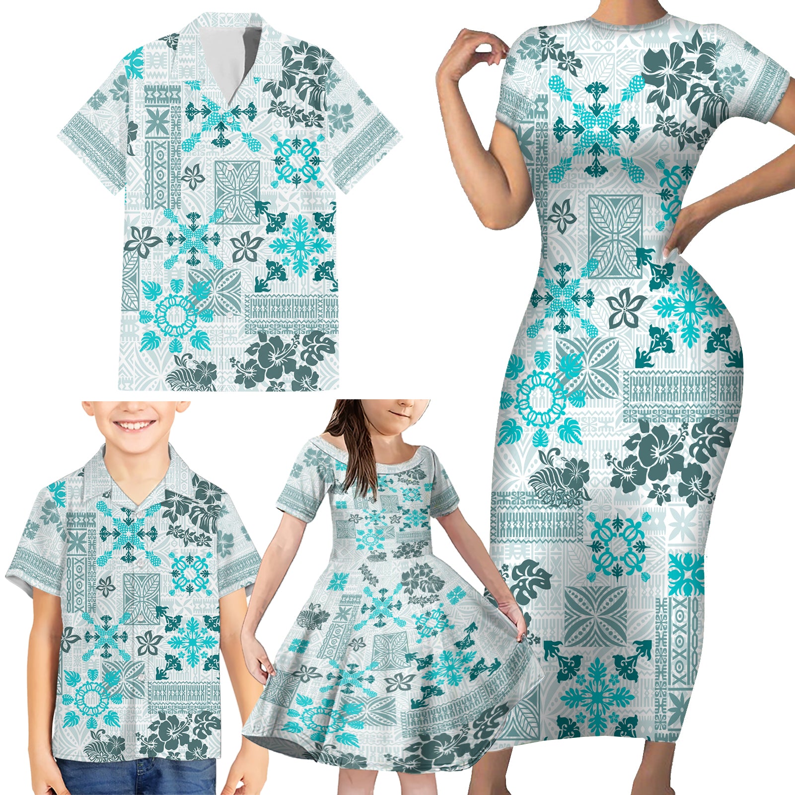 Hawaii Tapa Tribal Family Matching Short Sleeve Bodycon Dress and Hawaiian Shirt With Hawaiian Quilt Pattern Aqua LT9 - Polynesian Pride