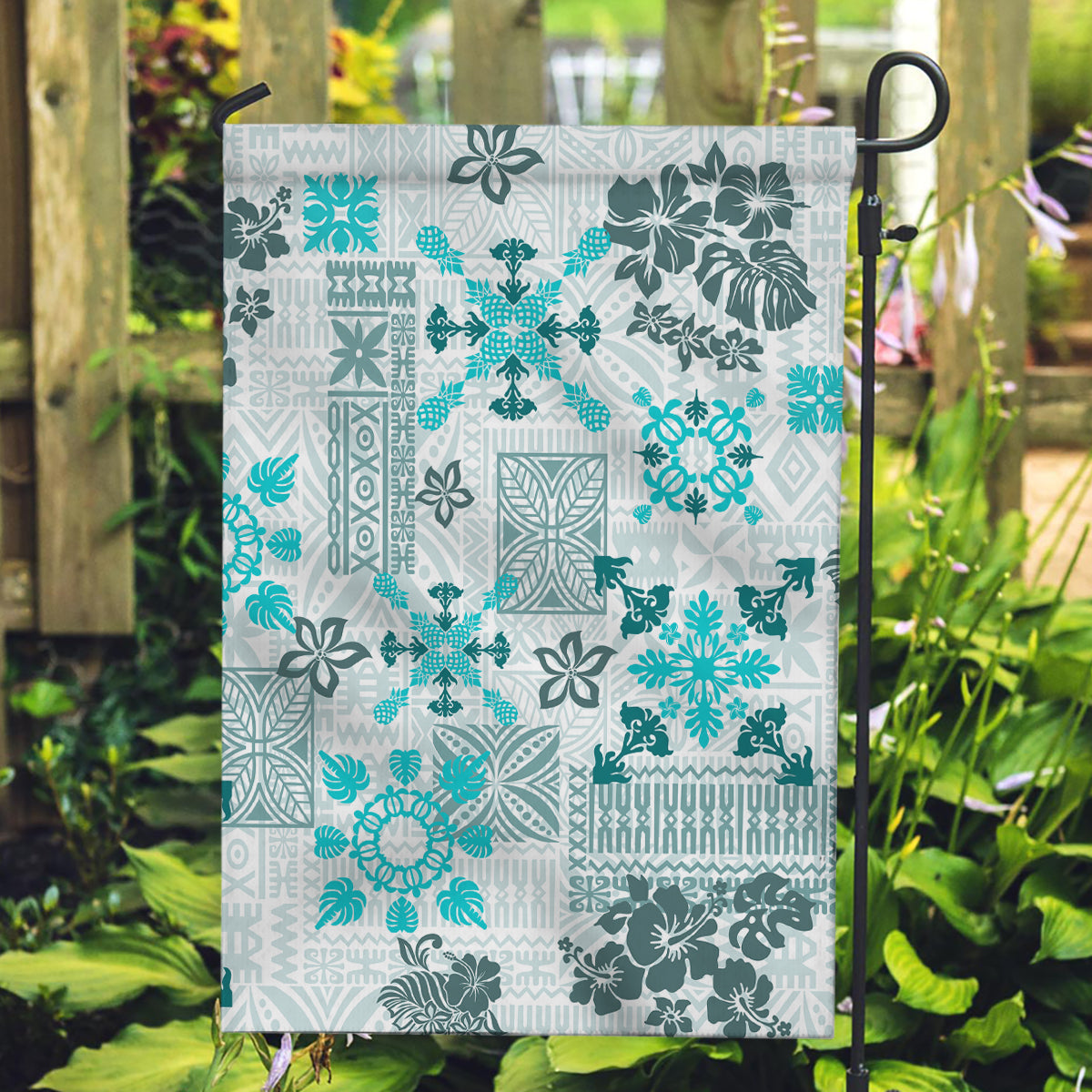 Hawaii Tapa Tribal Garden Flag With Hawaiian Quilt Pattern Aqua LT9 Garden Flag Aqua - Polynesian Pride