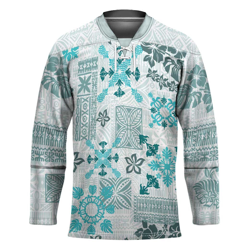 Hawaii Tapa Tribal Hockey Jersey With Hawaiian Quilt Pattern Aqua - Polynesian Pride