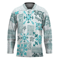 Hawaii Tapa Tribal Hockey Jersey With Hawaiian Quilt Pattern Aqua - Polynesian Pride