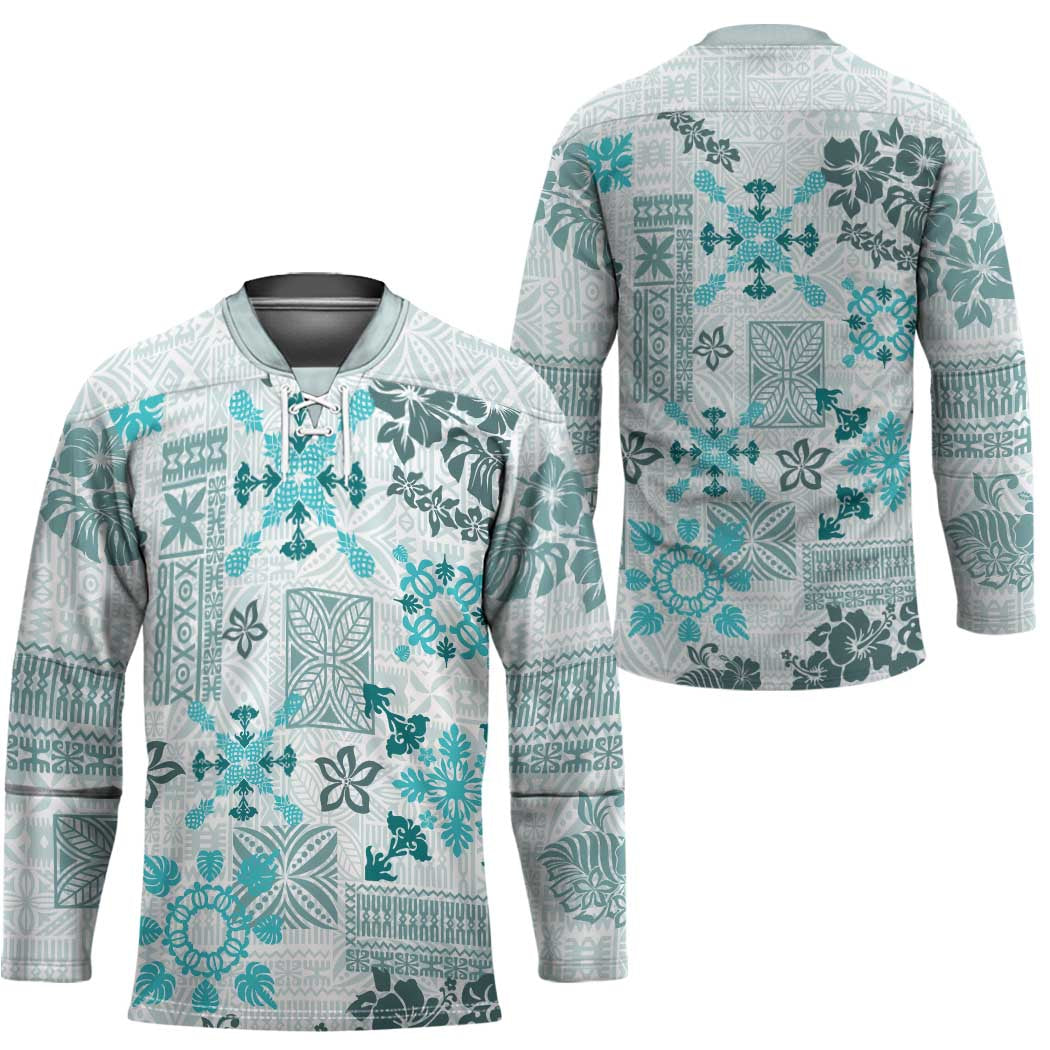 Hawaii Tapa Tribal Hockey Jersey With Hawaiian Quilt Pattern Aqua - Polynesian Pride