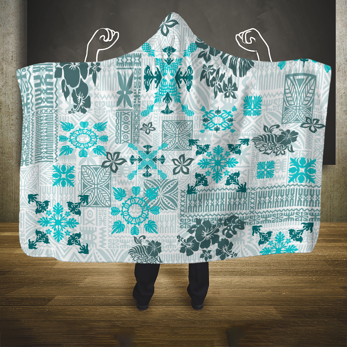 Hawaii Tapa Tribal Hooded Blanket With Hawaiian Quilt Pattern Aqua LT9 One Size Aqua - Polynesian Pride