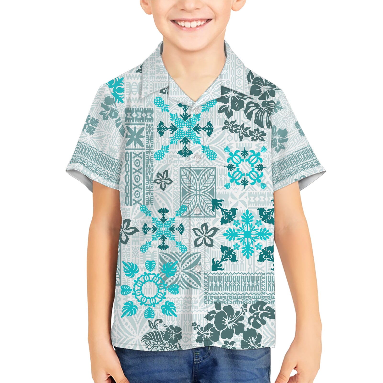 Hawaii Tapa Tribal Kid Hawaiian Shirt With Hawaiian Quilt Pattern Aqua LT9 Kid Aqua - Polynesian Pride