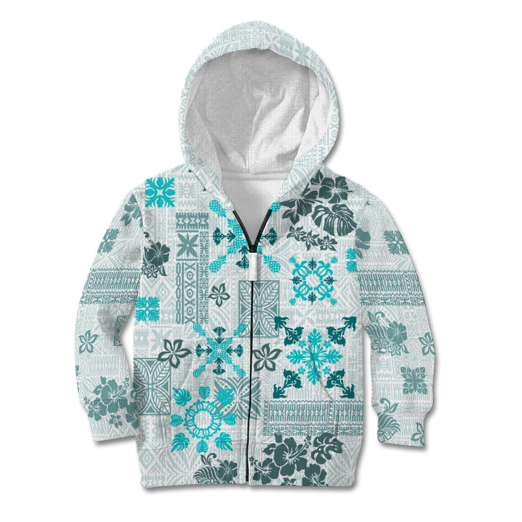 Hawaii Tapa Tribal Kid Hoodie With Hawaiian Quilt Pattern Aqua LT9 - Polynesian Pride