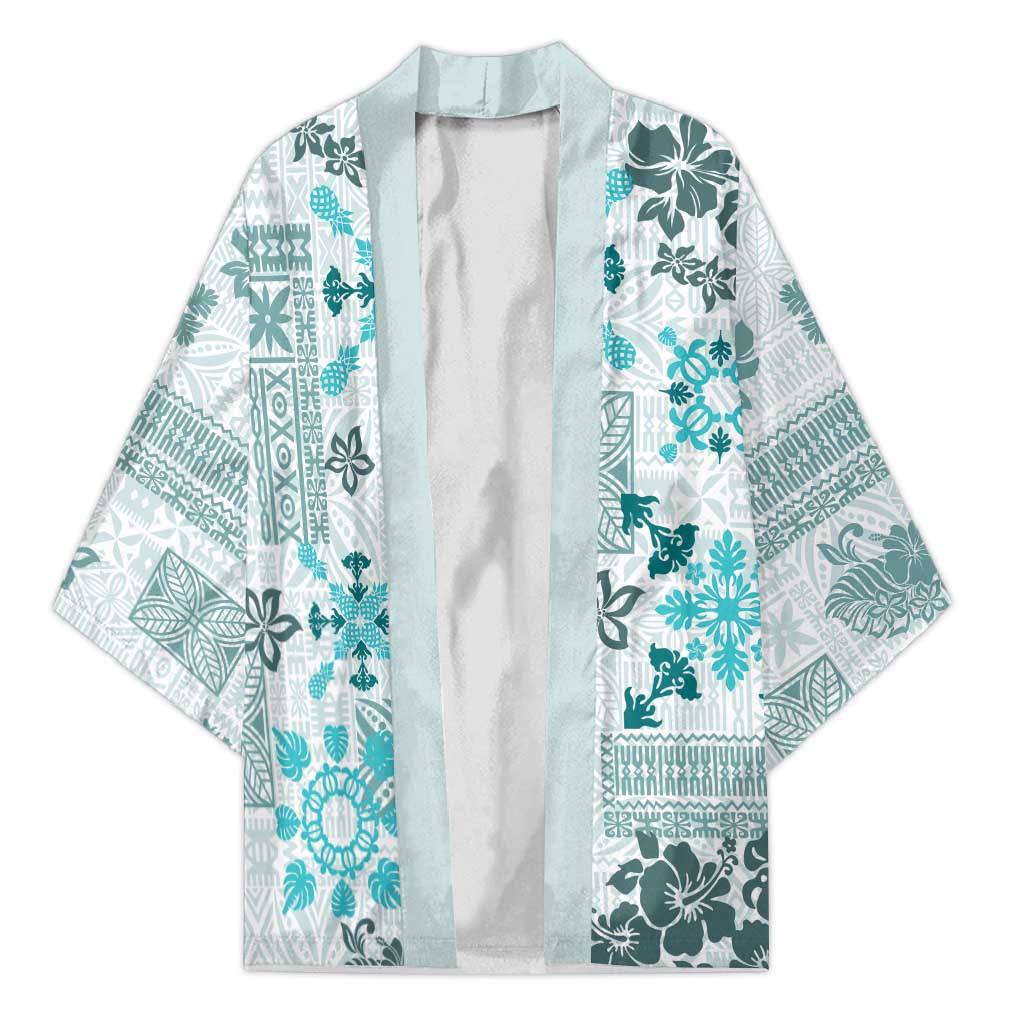 Hawaii Tapa Tribal Kimono With Hawaiian Quilt Pattern Aqua - Polynesian Pride
