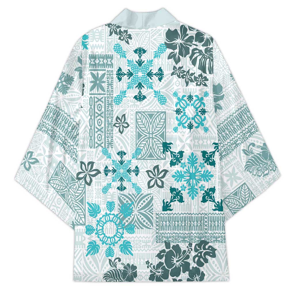 Hawaii Tapa Tribal Kimono With Hawaiian Quilt Pattern Aqua - Polynesian Pride