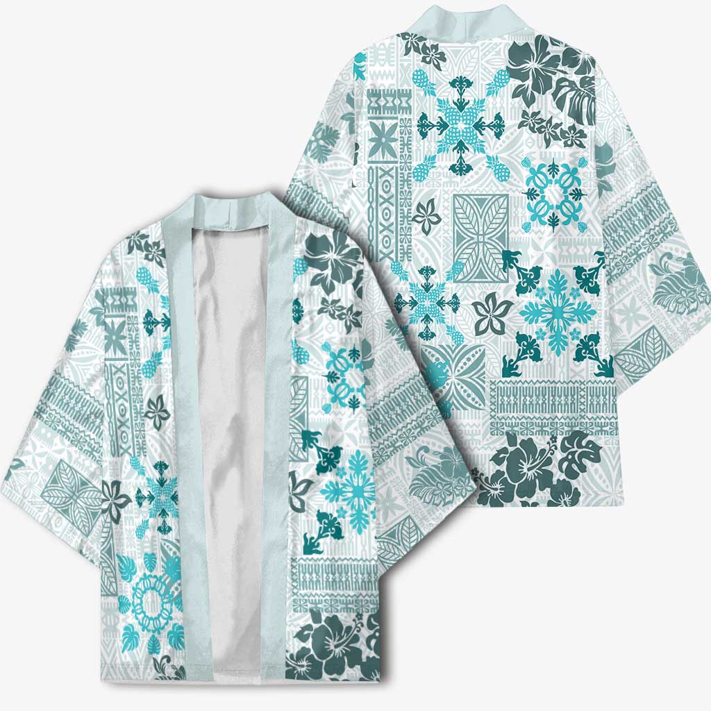 Hawaii Tapa Tribal Kimono With Hawaiian Quilt Pattern Aqua - Polynesian Pride