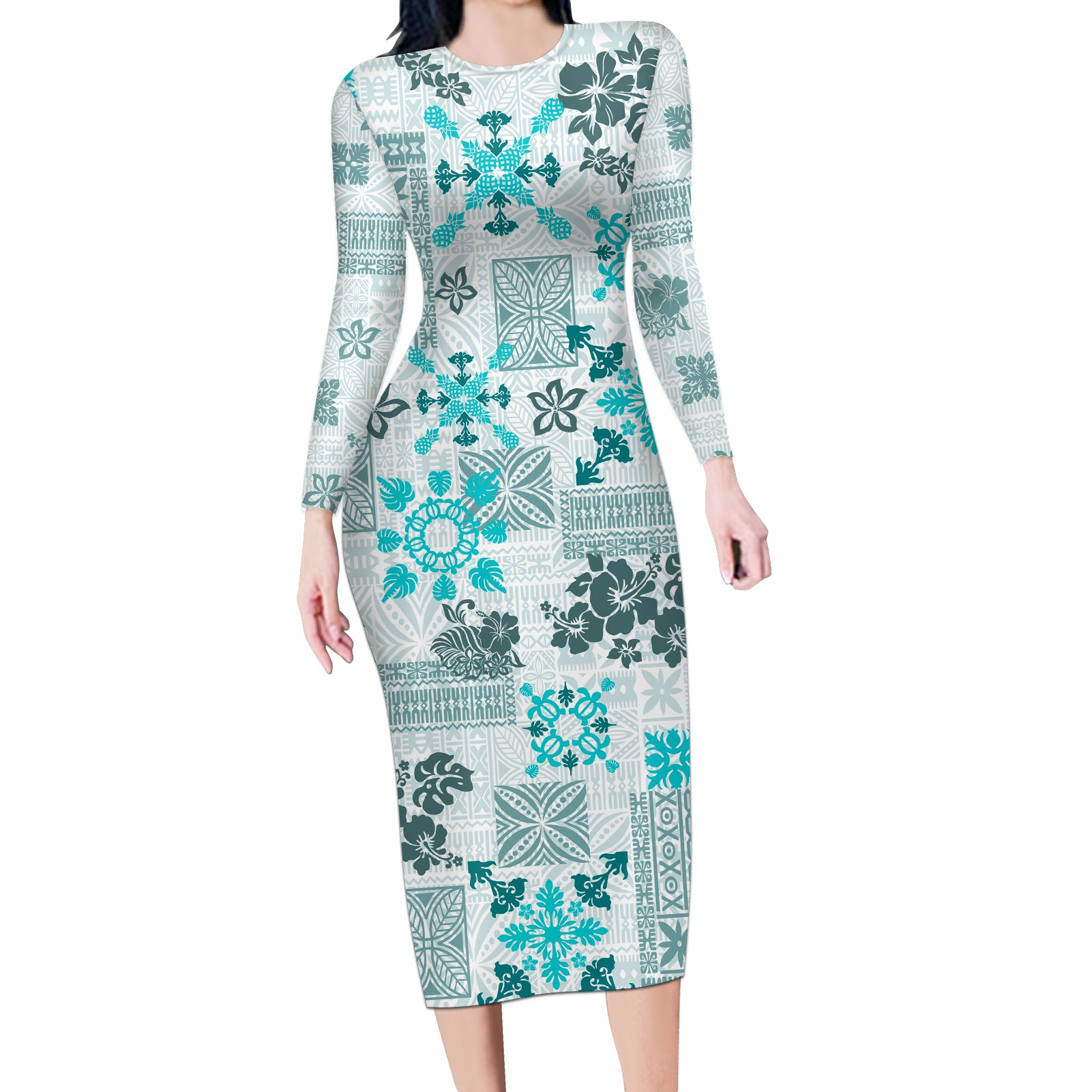 Hawaii Tapa Tribal Long Sleeve Bodycon Dress With Hawaiian Quilt Pattern Aqua LT9 Long Dress Aqua - Polynesian Pride