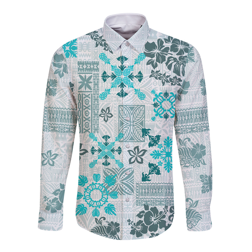 Hawaii Tapa Tribal Long Sleeve Button Shirt With Hawaiian Quilt Pattern Aqua LT9 Unisex Aqua - Polynesian Pride