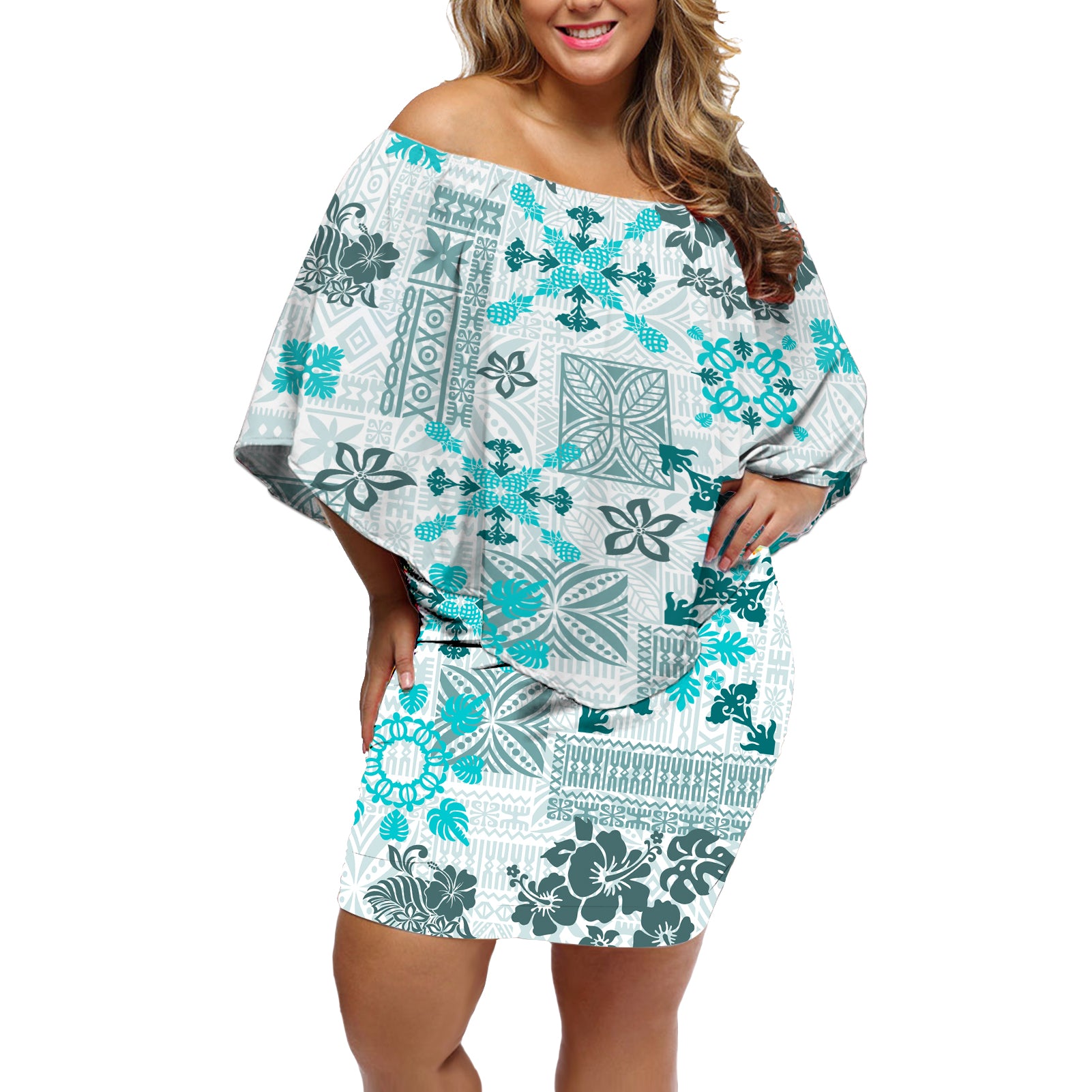 Hawaii Tapa Tribal Off Shoulder Short Dress With Hawaiian Quilt Pattern Aqua LT9 Women Aqua - Polynesian Pride