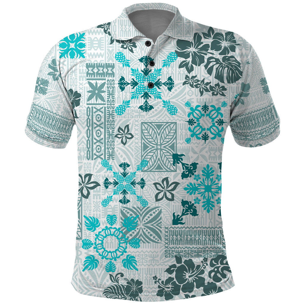 Hawaii Tapa Tribal Polo Shirt With Hawaiian Quilt Pattern Aqua LT9 Aqua - Polynesian Pride