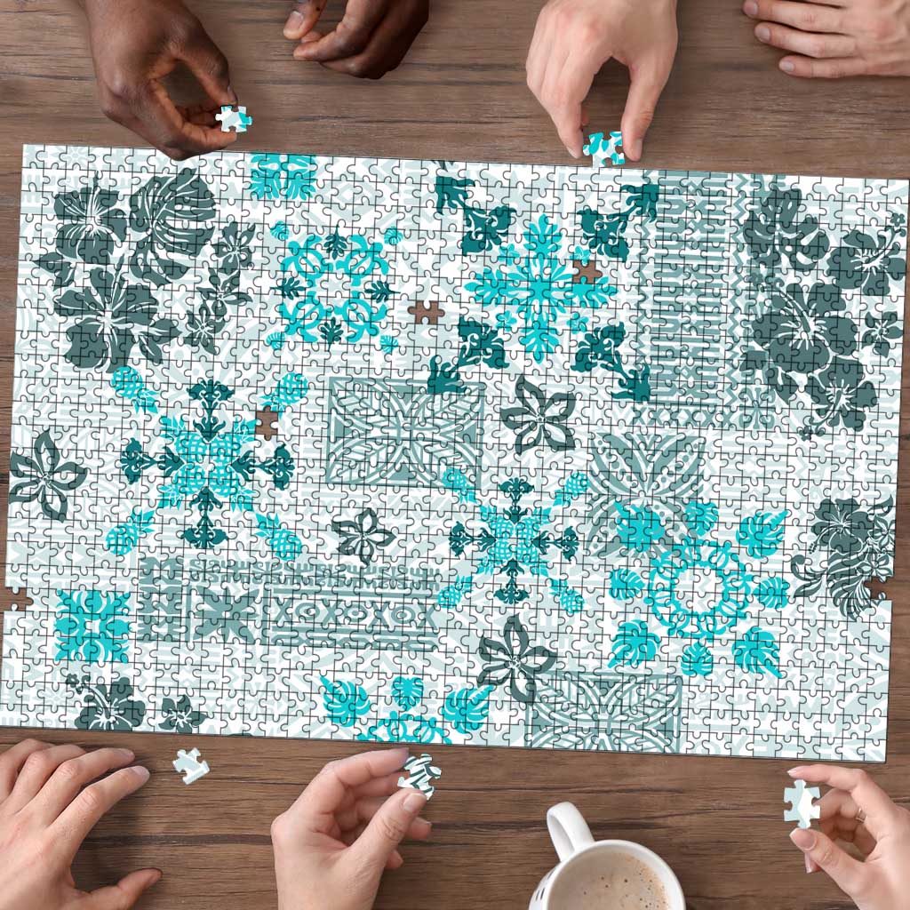Hawaii Tapa Tribal Puzzle With Hawaiian Quilt Pattern Aqua - Polynesian Pride