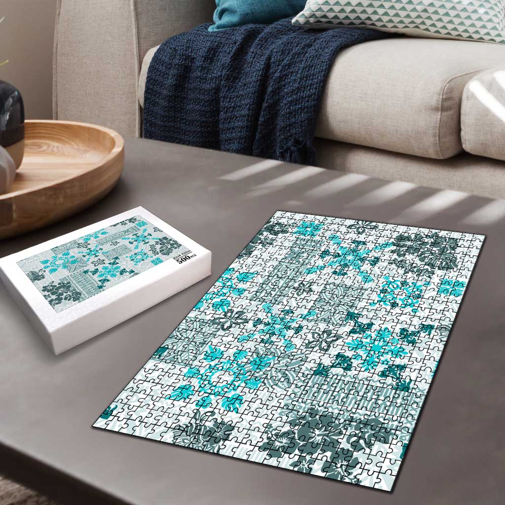 Hawaii Tapa Tribal Puzzle With Hawaiian Quilt Pattern Aqua - Polynesian Pride