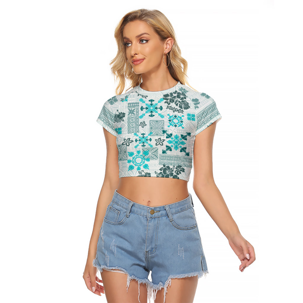 Hawaii Tapa Tribal Raglan Cropped T Shirt With Hawaiian Quilt Pattern Aqua LT9 Female Aqua - Polynesian Pride