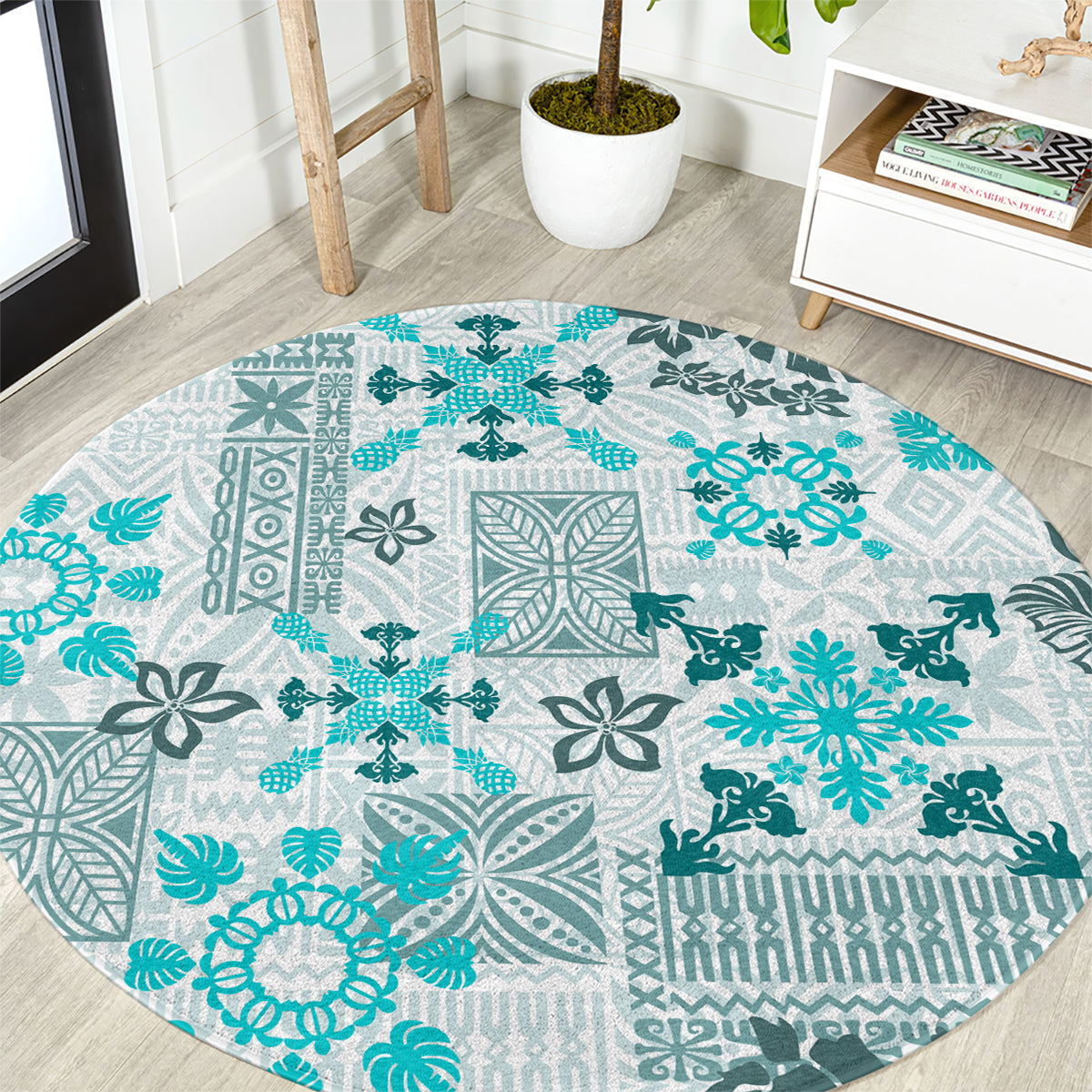 Hawaii Tapa Tribal Round Carpet With Hawaiian Quilt Pattern Aqua LT9 Aqua - Polynesian Pride