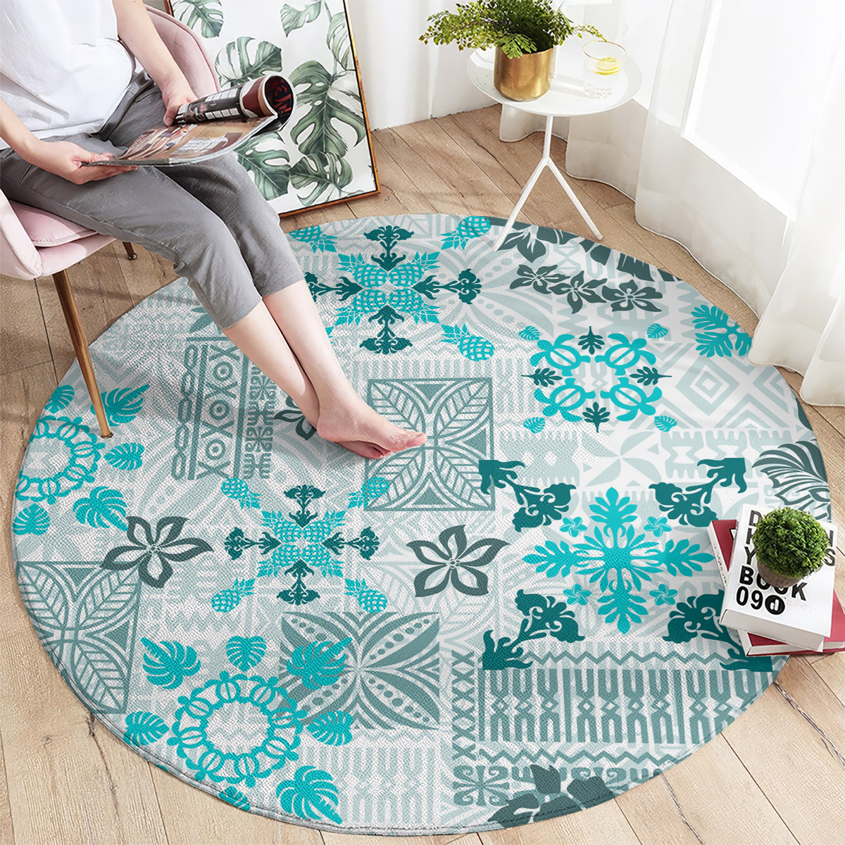 Hawaii Tapa Tribal Round Carpet With Hawaiian Quilt Pattern Aqua LT9 - Polynesian Pride