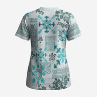 Hawaii Tapa Tribal Scrub Top With Hawaiian Quilt Pattern Aqua - Polynesian Pride