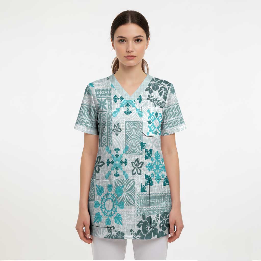 Hawaii Tapa Tribal Scrub Top With Hawaiian Quilt Pattern Aqua - Polynesian Pride