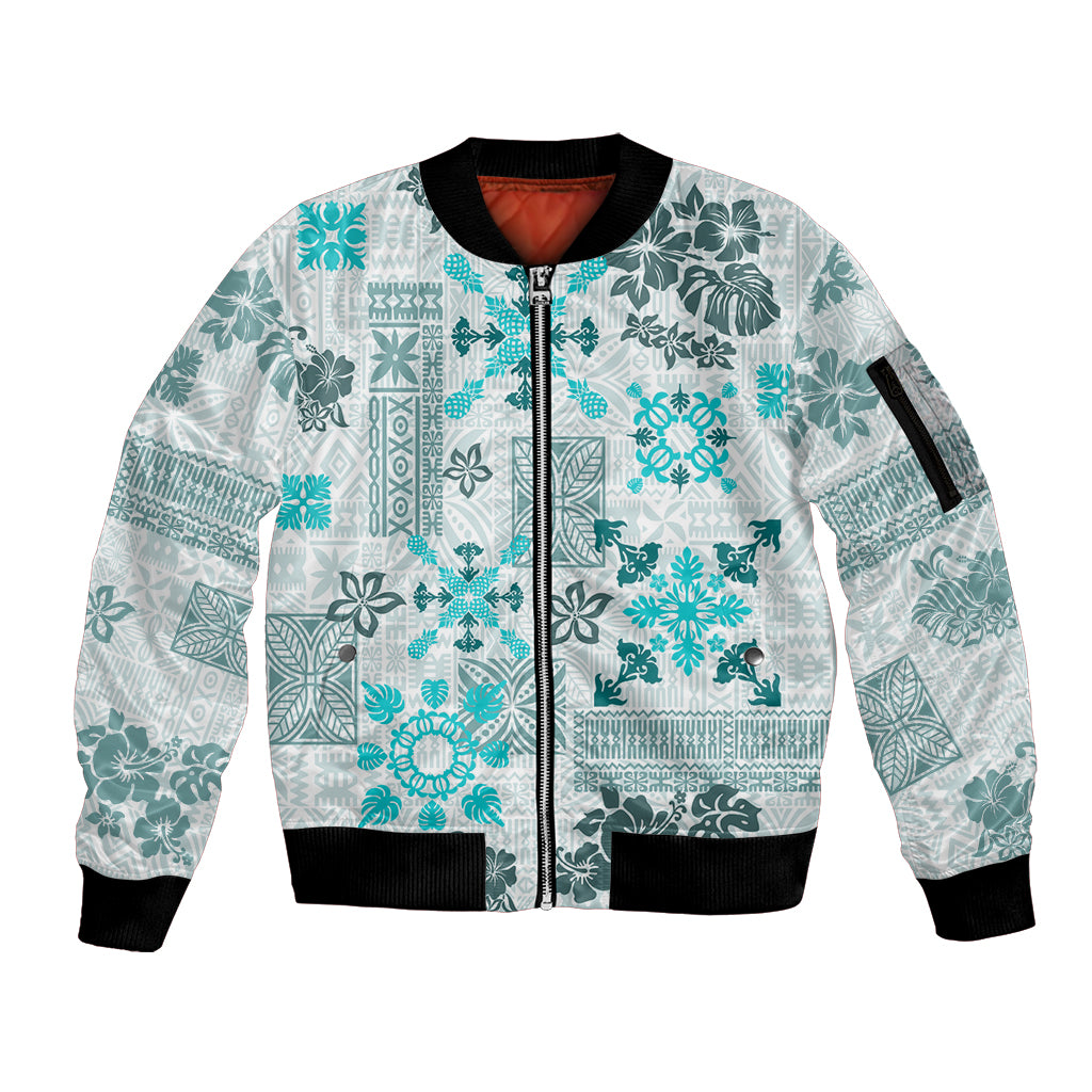 Hawaii Tapa Tribal Sleeve Zip Bomber Jacket With Hawaiian Quilt Pattern Aqua LT9 Unisex Aqua - Polynesian Pride